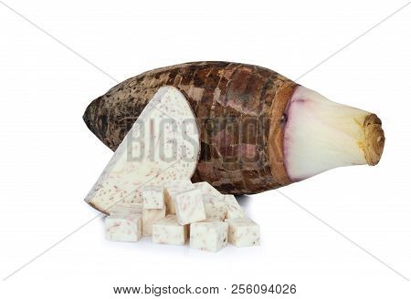 Sweet Taro Root, Satoimo Potatoes Or Cube Of Taro Root Isolated On White Background.