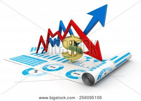 Business Graph With Dollar Sign. Dollar Growth And Loss Concept. Dollar Market Fluctuation Concept. 