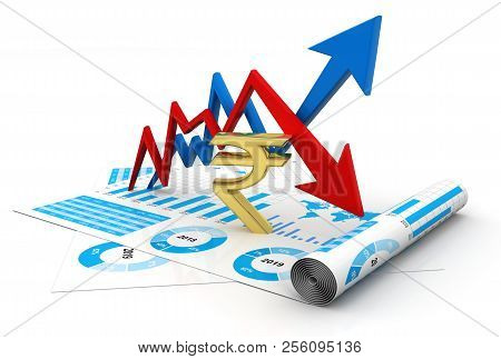 Business Graph With Rupee Sign. Indian Rupee Growth And Loss Concept. Rupee Market Fluctuation Conce