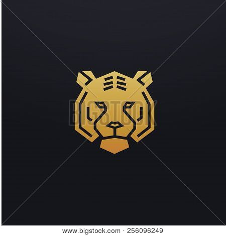 Stylized Tiger Head Icon Illustration. Vector Glyph, Tribal Feline Wild Animal Design With Golden Co
