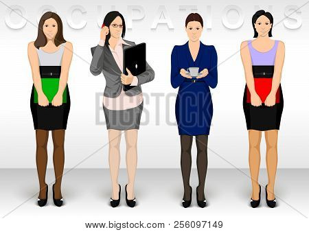 Business Ocupation. Women Character Icons Show Dress Office Variations.