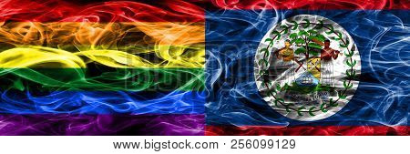 Gay Vs Belize Smoke Flags Placed Side By Side. Thick Colored Silky Smoke Flags Of Gay And Belize