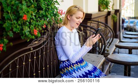 Whom Should I Call. Lady Looking For Company To Spend Time In Cafe. Woman Surprised Face Sit With Sm