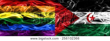 Gay Vs Sahrawi Smoke Flags Placed Side By Side. Thick Colored Silky Smoke Flags Of Gay And Sahrawi