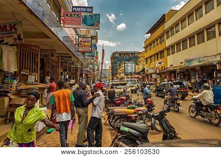 Kampala, Uganda - April 11, 2017: A Crowded Street In The Center Of Kampala Where You Can Buy Printe