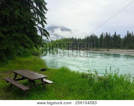 Desolate Peaceful Campground On The Fraser River Near Mount Robson In Beautiful British Columbia, Ca