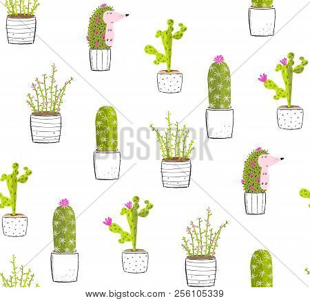 Cactus Succulent Plants Cute Background Print Pattern.