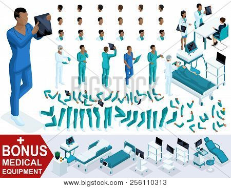 Isometric Doctor African American, Create Your 3d Paramedic, Sets Of Gestures Of Legs And Hands, Emo