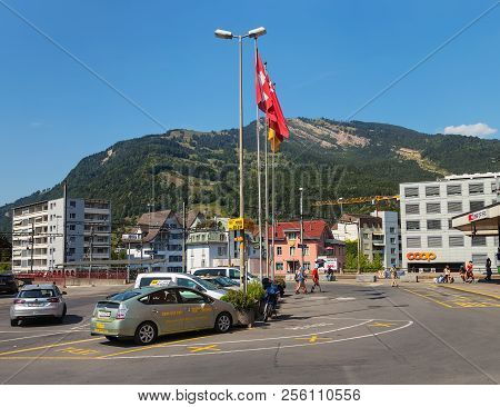Arth, Switzerland - July 19, 2018: Buildings Of The Town Of Arth As Seen From Bahnhofstrasse Street.