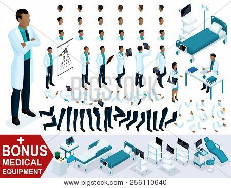 Isometric Doctor African American, Create Your 3d Surgeon, Sets Of Gestures Of Legs And Hands, Emoti