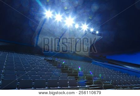 Lights In The Stands With Chairs Small Stadium Night, Empty Seats