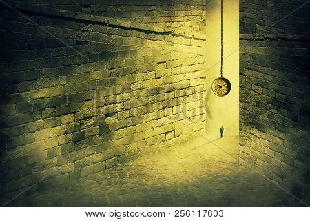 Surreal View As A Man Enter In A Huge Maze With Stone Walls And A Suspended Clock On His Back Hangin