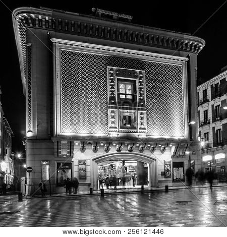 Granada, Spain - February 21, 2015: Night View Of The Main Facade Of Aliatar Cinema (cine Aliatar),