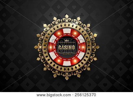 Vector Red White Casino Poker Chip With Luminous Light Elements And Golden Crown Wreath Frame. Black