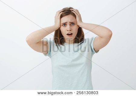 Woman Starting Panic Cannot Meet Deadline In Time. Portrait Of Hopeless Upset And Gloomy Concerned C