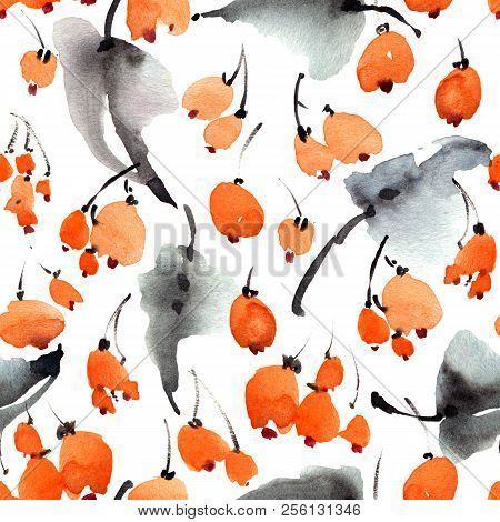 Watercolor And Ink Illustration Of Berries And Leaves, Decorative Artistic Painting, Sumi-e And U-si