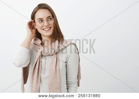 Waist-up Shot Of Feminine Creative And Charming Young Girl In Glasses And Pullover Knitten On Neck P