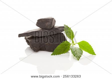 Shungite Stones On White Background. Healing Mineral Stone.