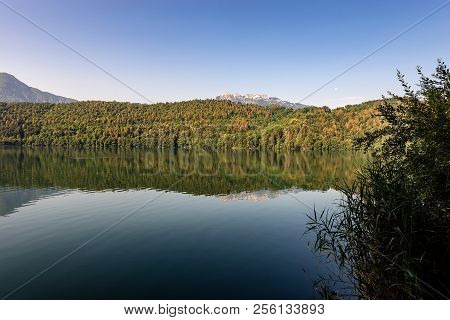 Lago Di Levico (lake) With Mountain And Forest, Levico Terme, Italy, Europe
