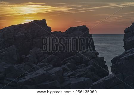 Rocky Beach Landscape At Dusk. Hovs Hallar, Sweden.