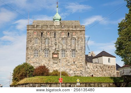 Bergen, Norway-august 17, 2014 -  Bergenhus Fortress And Rosenkrantz Tower In The Historical Part Of