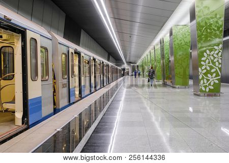 Moscow, Russia - August, 31, 2018: subway train on the station  Ramenky in Moscow, Russia