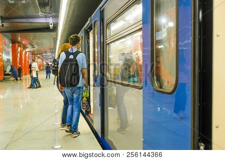 Moscow, Russia - August, 31, 2018: subway train on the station  Borovskoye shosse in Moscow, Russia