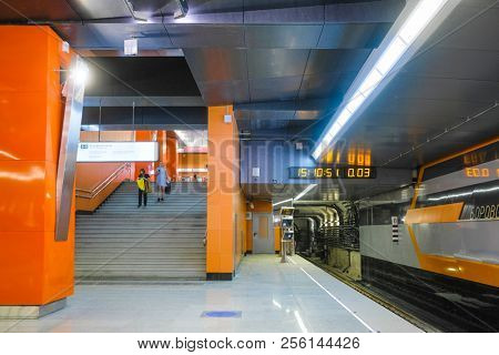 Moscow, Russia - August, 31, 2018: interior of subway station  Borovskoye shosse in Moscow, Russia