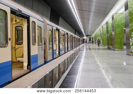Moscow, Russia - August, 31, 2018: subway train on the station  Ramenky in Moscow, Russia