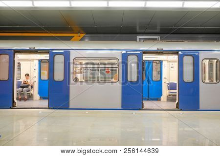 Moscow, Russia - August, 31, 2018: subway train on the station  Borovskoye shosse in Moscow, Russia