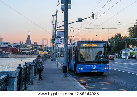 Moscow, Russia - August, 28, 2018: trolleybus on Berezhkovskaya embankment in Moscow, Russia