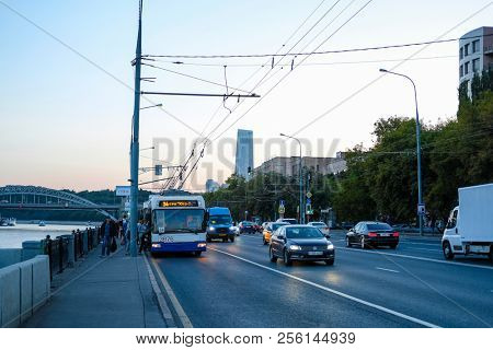 Moscow, Russia - August, 28, 2018: trolleybus on Berezhkovskaya embankment in Moscow, Russia
