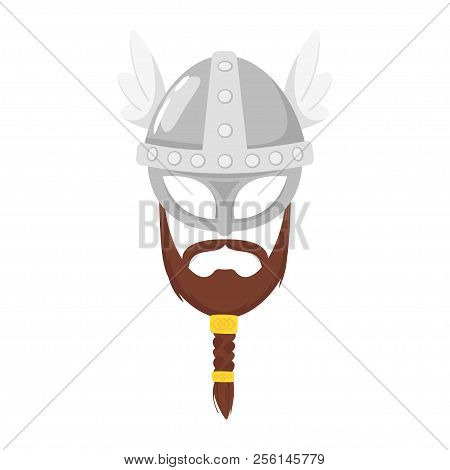 Vector Cartoon Style Viking In Horned Helmet With Beard Face Element Or Carnival Mask. Decoration It