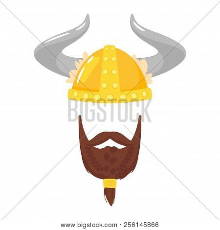 Vector Cartoon Style Viking In Horned Helmet With Beard Face Element Or Carnival Mask. Decoration It
