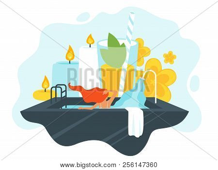 Vector Flat Style Illustration Of Young Woman In Spa Salon, Taking Bath. Aromatherapy Candles, Flowe