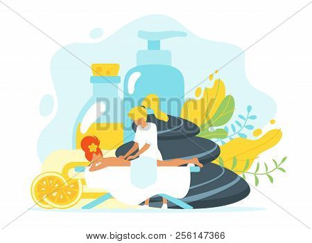 Vector Flat Style Illustration Of Young Woman In Spa Salon, Laying On Massage Table. Organic Cosmeti