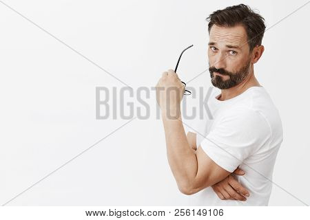 You Talk To Me. Portrait Of Arrogant Moody Handsome And Stylish Adult Male, Standing In Profile, Tak