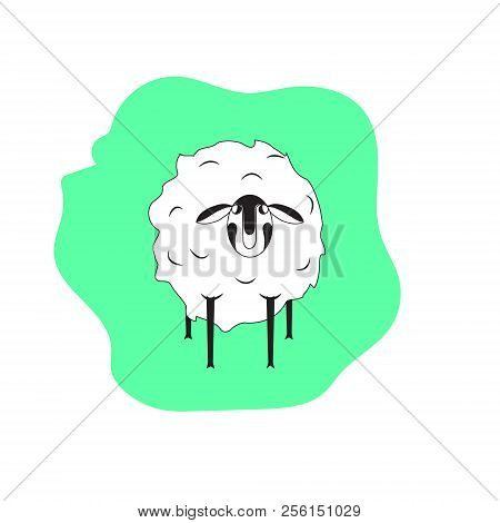 Stylized White Sheep On A Blue Background Line Style Cartoon, Vector Illustration