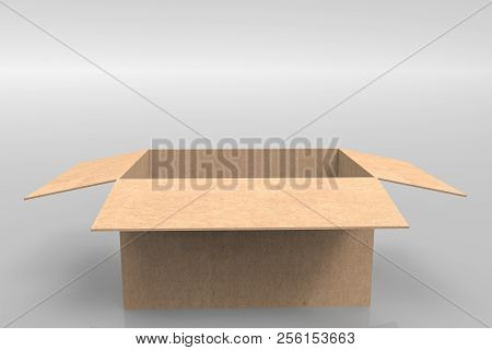 3d Rendering. Opened Empty New Paper Borwn Box On Copy Space Gray Background.