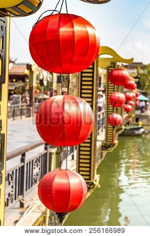 Lanterns On An Hoi Bridge In Hoi An, Vietnam