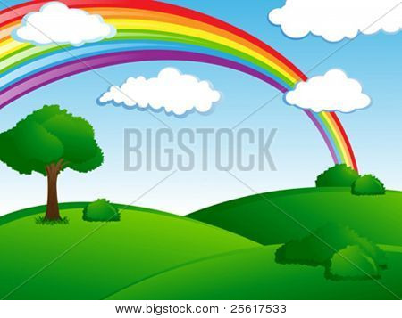 虹と新鮮な緑の風景