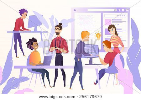 Online Startup Development Cartoon Vector Concept With Young Web Developers, Programmers Or Coders T