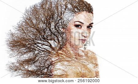 Double Exposure Portrait Of Attractive Woman Combined With Photograph Of Tree Or Branches, Surreal P