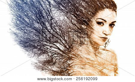 Double Exposure Portrait Of Attractive Woman Combined With Photograph Of Tree Or Branches, Surreal P