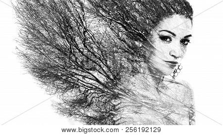 Double Exposure Portrait Of Attractive Woman Combined With Photograph Of Tree Or Branches, Surreal P