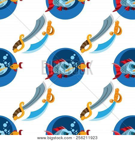 Seamless Pattern For Design Surface Piranha And Goldfish.