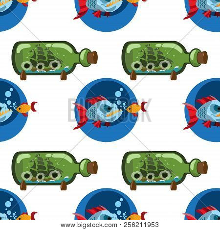 Seamless Pattern For Design Surface Piranha And Goldfish.