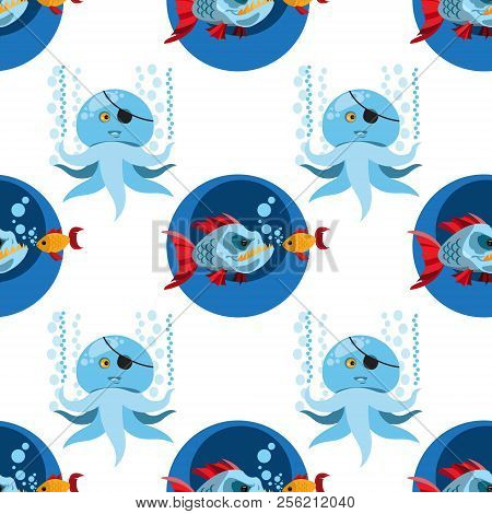 Seamless Pattern For Design Surface Piranha And Goldfish.