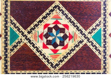 Wooden Marquetry Handmade Surface Colourful Pattern Closeup