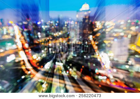 Double Exposure Train Track Over City Night Blurred Light, Abstract Background